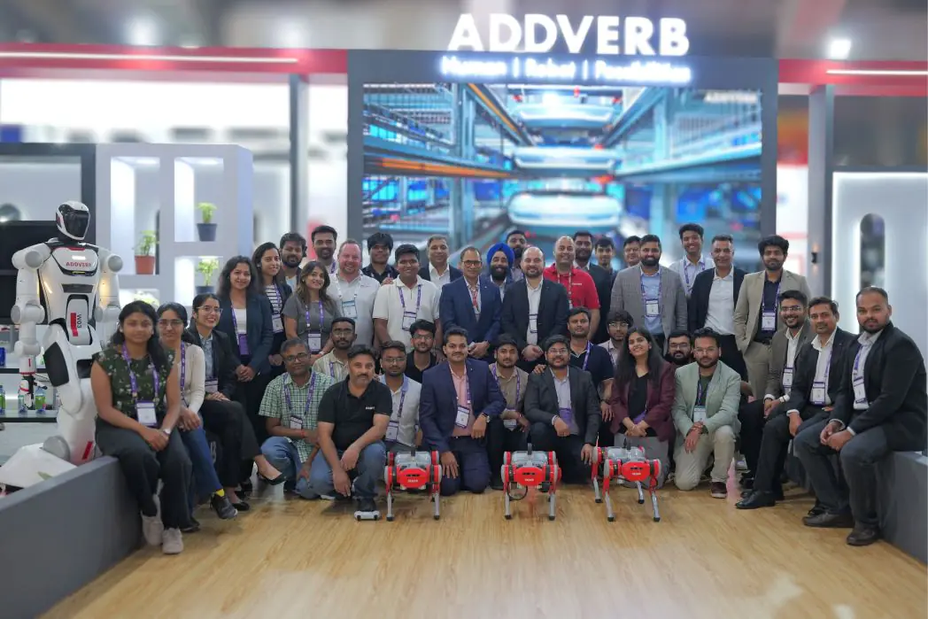 addverb-global-team-at-logimat-with-elixis-humanoid-robot-and-trakr-quadruped-robot