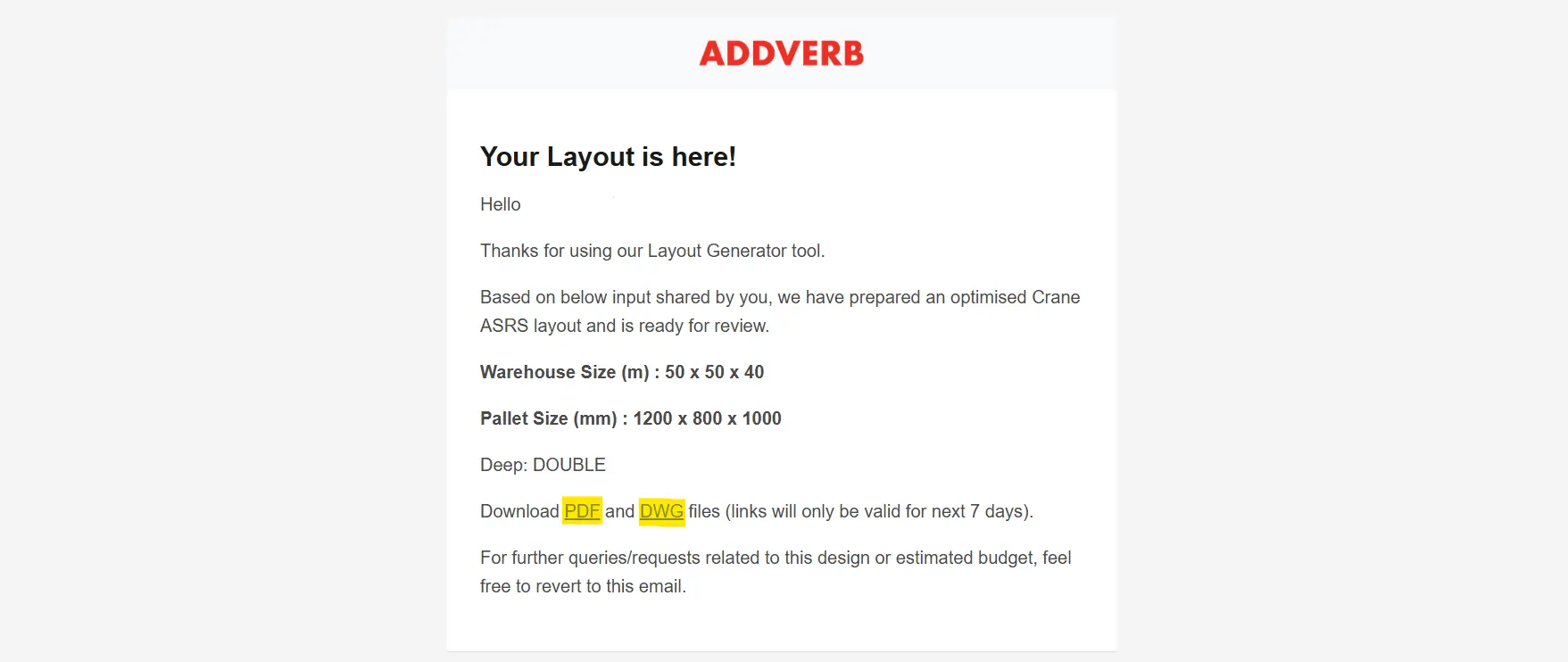 email from addverb for generated layout
